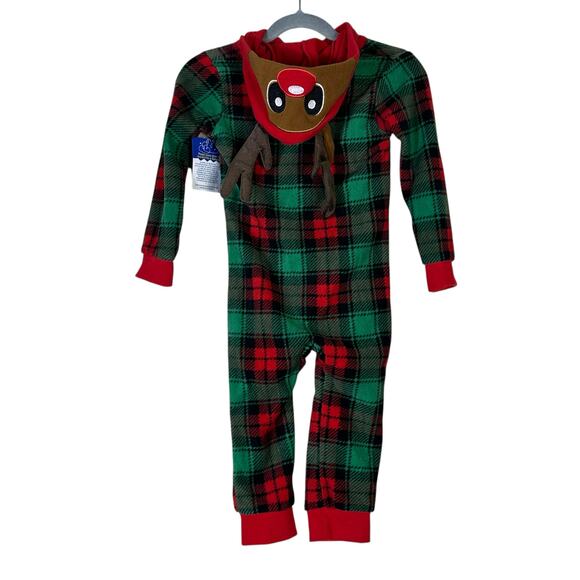 NWT PJ’s & Presents Pajama Onesie Toddler 2T Plaid Reindeer Hood Fleece Holiday - Picture 4 of 6